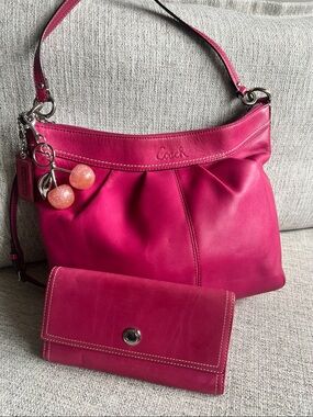Coach Pink Leather Shoulder Bag with Matching Wallet